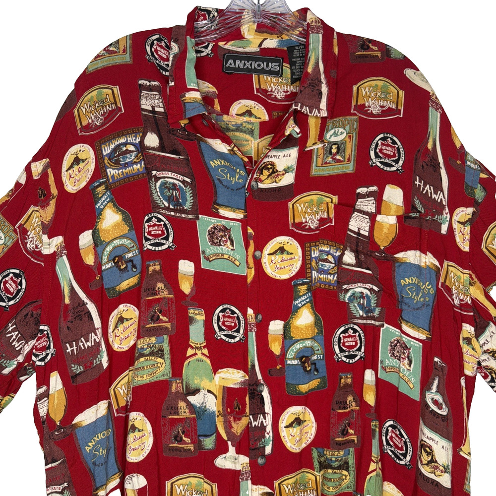 VTG Anxious Men's XL Beer Print Short Sleeve Button-Up Shirt Multicolor Red
